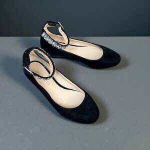 Talbots Black Velvet Sparkle Rhinestone Ankle Strap Flats Size 5.5